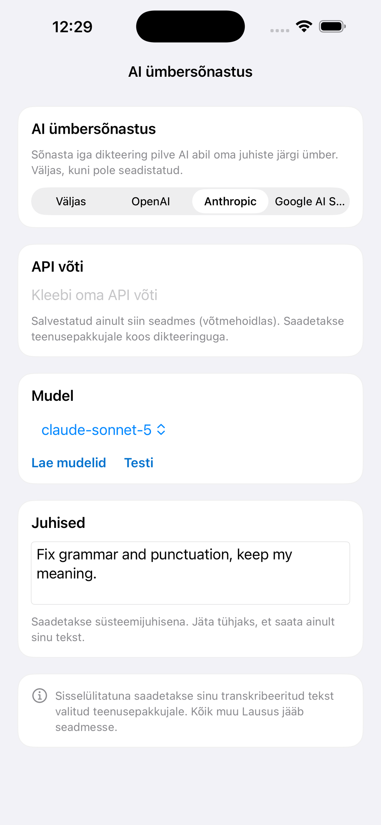 AI ümbersõnastuse seaded: teenusepakkuja, API võti, mudel ja juhised