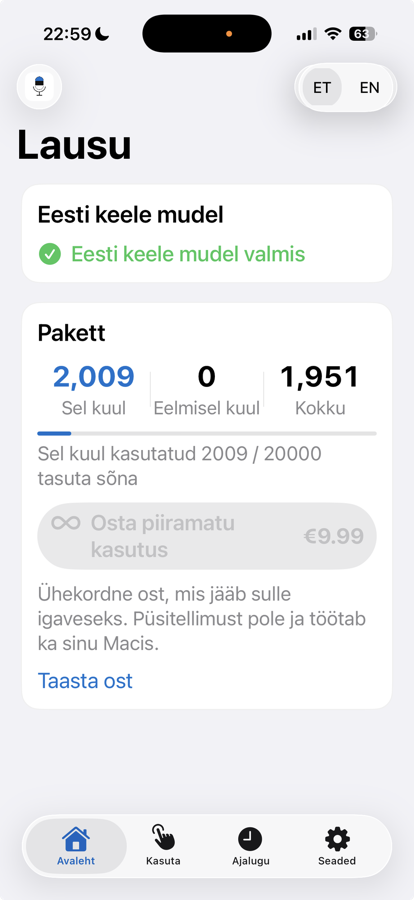 Lausu avaleht koos kasutusstatistikaga